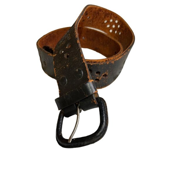 Vintage Distressed Brown Leather Belt With Circular Cutout Design 29-34 - Picture 1 of 5